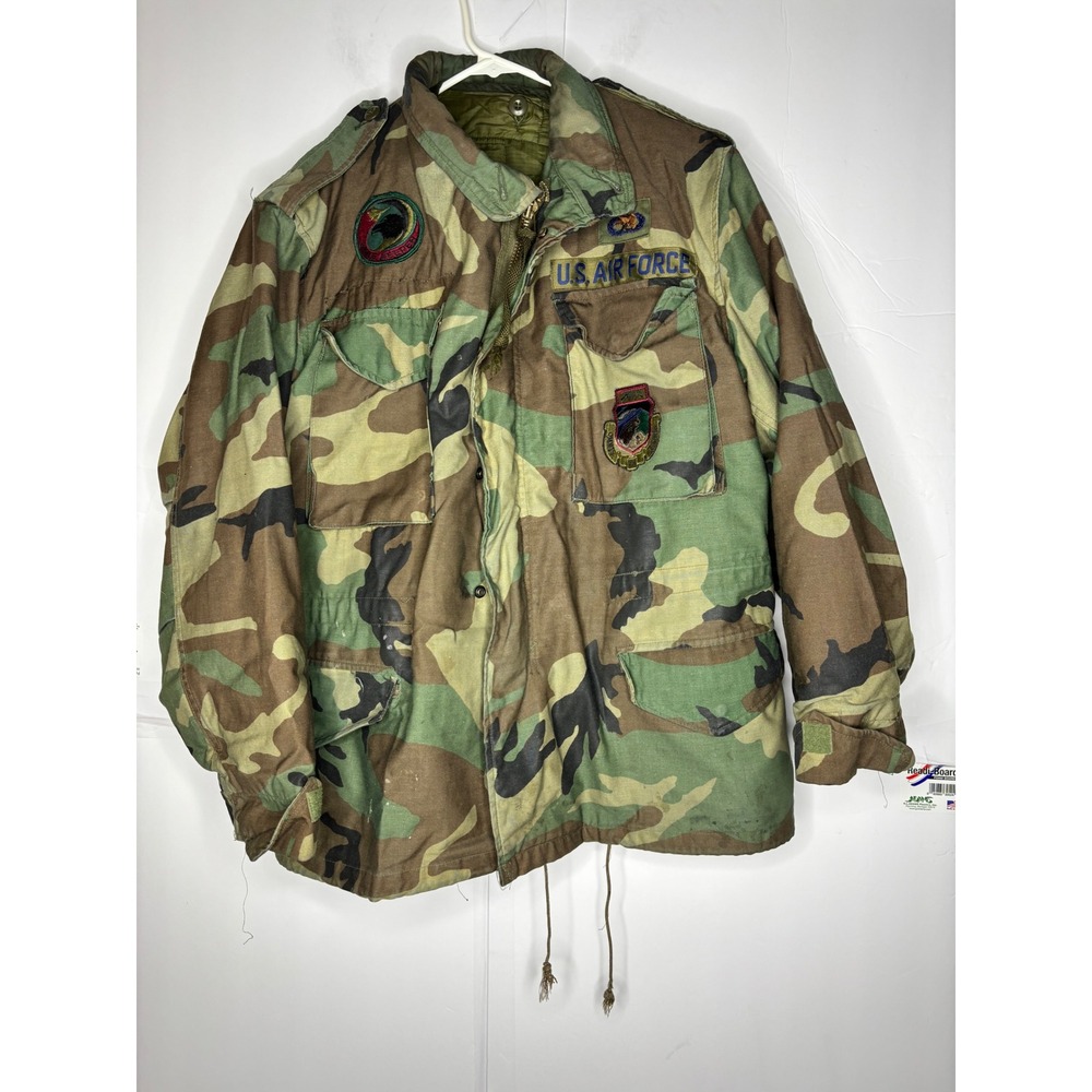 Vintage US Air Force M65 Field Jacket‎ Woodland Camo liner hood Medium Short 80s